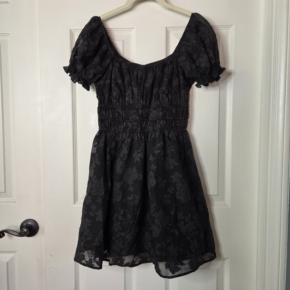 Black Floral Burnout Mini Dress Puff Sleeve Smoked Waist Witchy Gothic Bohemian